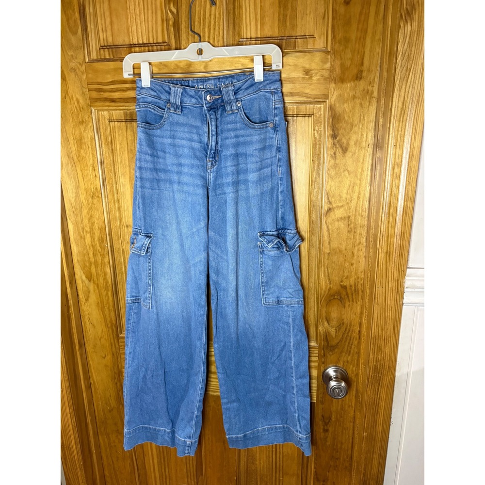 American Eagle Womens High Waisted Wide Leg Cargo Jeans Blue Stretch Size 0